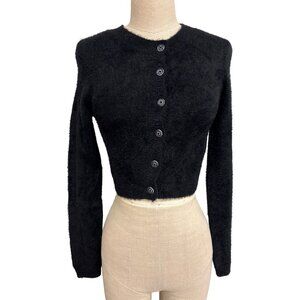 Black HM Divided Fuzzy Button-Crop Sweater Cardigan Womens S